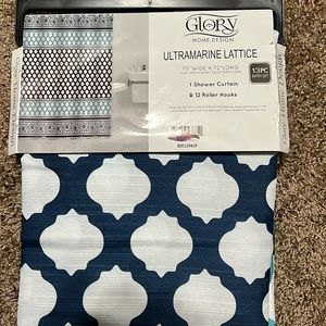 Glory ultramarine lattice shower curtain and 12 roller hooks. New